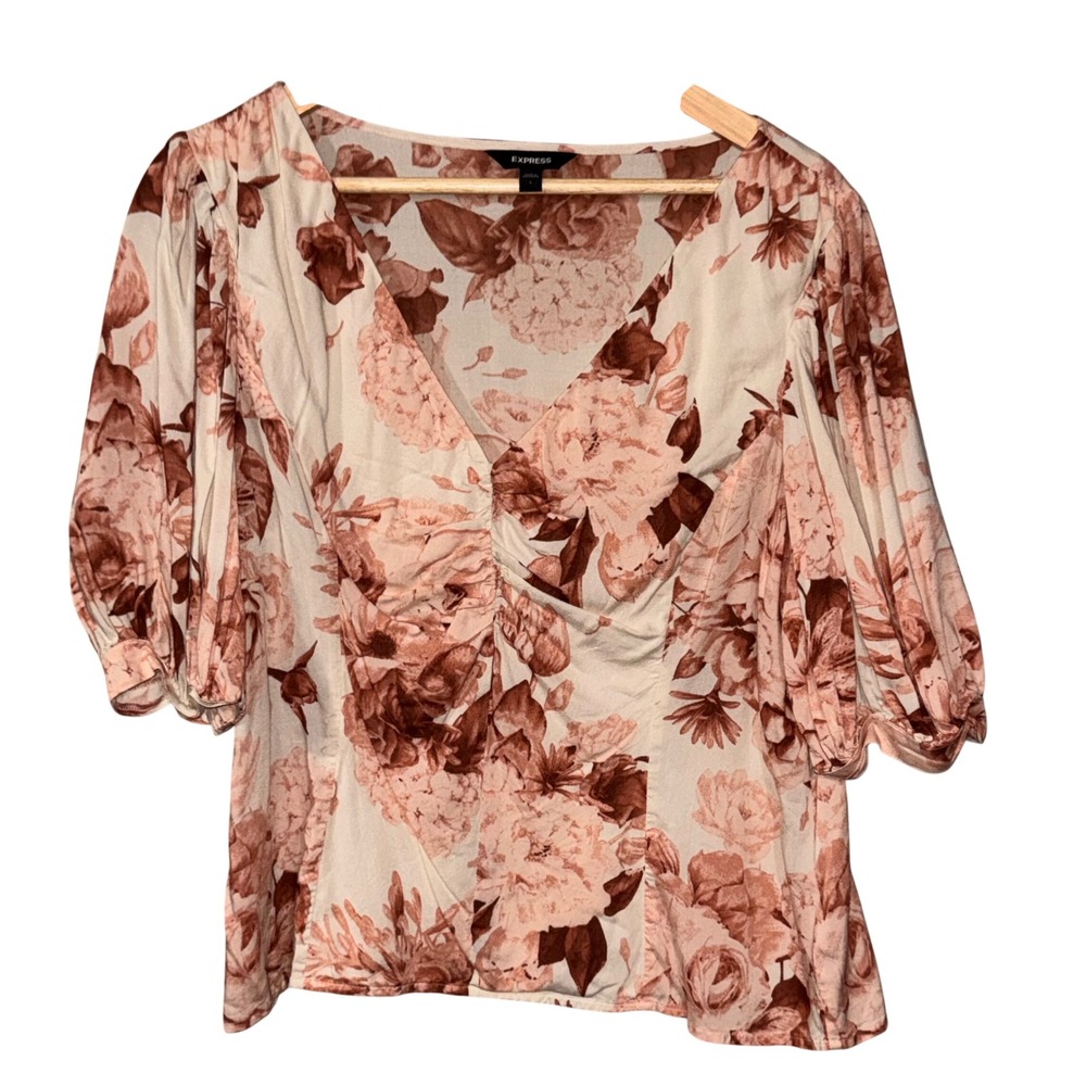 Express Large Floral Ruched V Neck Puff Sleeve Blouse Romantic Cottagecore - Picture 2 of 6